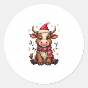 Vintage Christmas Highland Cow in Santa Hat Cute H Classic Round Sticker