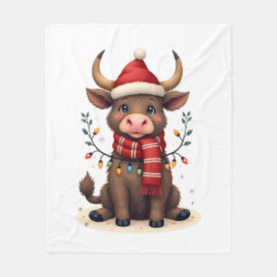 Vintage Christmas Highland Cow in Santa Hat Cute H Fleece Blanket