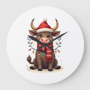 Vintage Christmas Highland Cow in Santa Hat Cute H Large Clock
