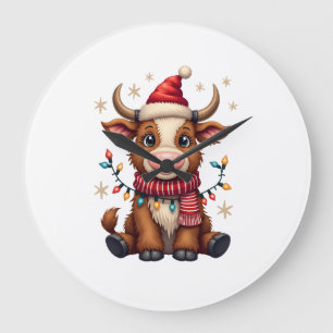 Vintage Christmas Highland Cow in Santa Hat Cute H Large Clock