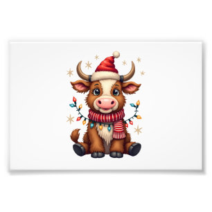 Vintage Christmas Highland Cow in Santa Hat Cute H Photo Print