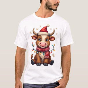 Vintage Christmas Highland Cow in Santa Hat Cute H T-Shirt