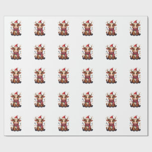 Vintage Christmas Highland Cow in Santa Hat Cute H Wrapping Paper