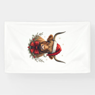 Vintage Christmas Highland Cow in Santa Hat Rustic Banner
