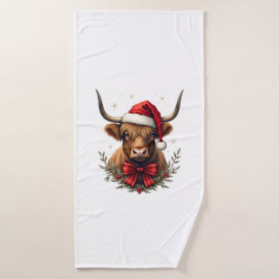 Vintage Christmas Highland Cow in Santa Hat Rustic Bath Towel