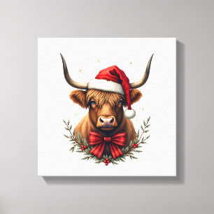 Vintage Christmas Highland Cow in Santa Hat Rustic Canvas Print
