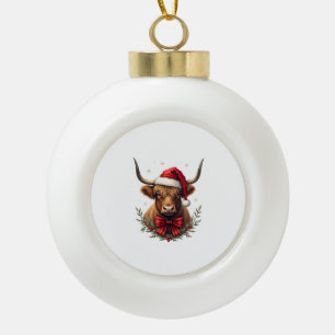 Vintage Christmas Highland Cow in Santa Hat Rustic Ceramic Ball Christmas Ornament