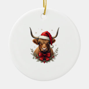 Vintage Christmas Highland Cow in Santa Hat Rustic Ceramic Tree Decoration