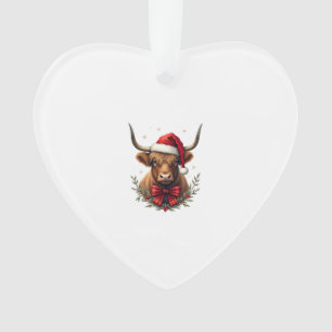 Vintage Christmas Highland Cow in Santa Hat Rustic Ornament