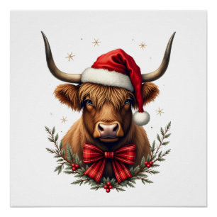 Vintage Christmas Highland Cow in Santa Hat Rustic Poster
