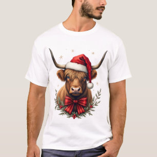 Vintage Christmas Highland Cow in Santa Hat Rustic T-Shirt