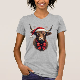Vintage Christmas Highland Cow in Santa Hat Rustic T-Shirt