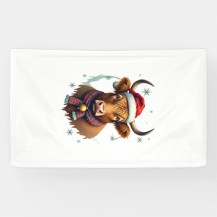 Vintage Christmas Highland Cow Santa Hat Colourful Banner