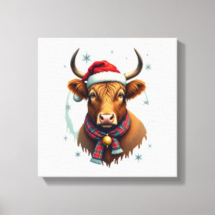 Vintage Christmas Highland Cow Santa Hat Colourful Canvas Print