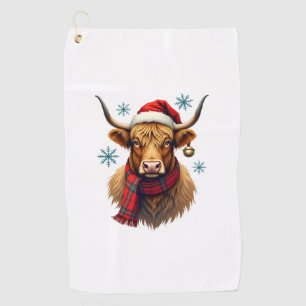 Vintage Christmas Highland Cow Santa Hat Colourful Golf Towel
