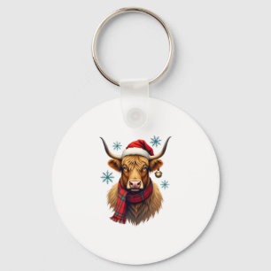 Vintage Christmas Highland Cow Santa Hat Colourful Key Ring