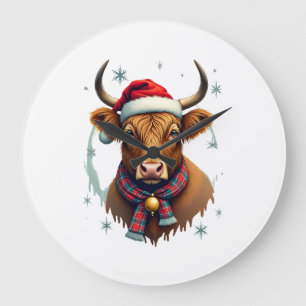 Vintage Christmas Highland Cow Santa Hat Colourful Large Clock