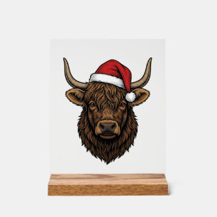 Vintage Christmas Highland Cow Santa Hat Shirt_1 Acrylic Sign