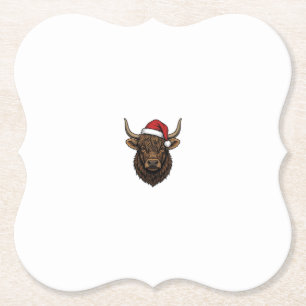 Vintage Christmas Highland Cow Santa Hat Shirt_1 Paper Coaster