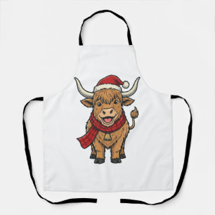 Vintage Christmas Highland Cow Santa Hat Vector_1 Apron
