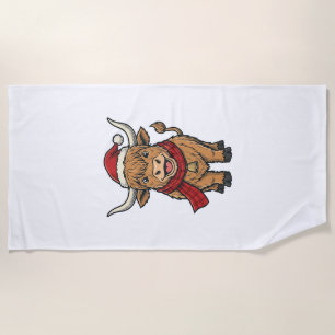 Vintage Christmas Highland Cow Santa Hat Vector_1 Beach Towel