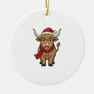 Vintage Christmas Highland Cow Santa Hat Vector_1 Ceramic Tree Decoration