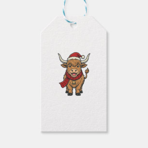 Vintage Christmas Highland Cow Santa Hat Vector_1 Gift Tags
