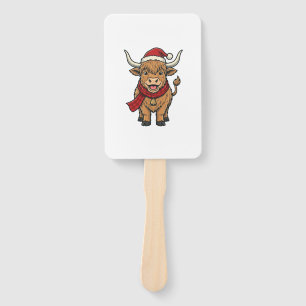 Vintage Christmas Highland Cow Santa Hat Vector_1 Hand Fan