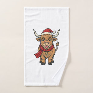 Vintage Christmas Highland Cow Santa Hat Vector_1 Hand Towel