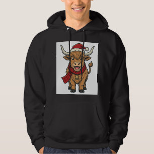 Vintage Christmas Highland Cow Santa Hat Vector_1 Hoodie