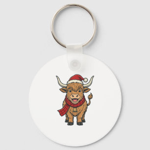 Vintage Christmas Highland Cow Santa Hat Vector_1 Key Ring
