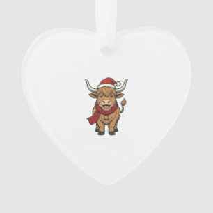Vintage Christmas Highland Cow Santa Hat Vector_1 Ornament