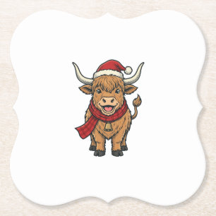 Vintage Christmas Highland Cow Santa Hat Vector_1 Paper Coaster