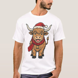Vintage Christmas Highland Cow Santa Hat Vector_1 T-Shirt
