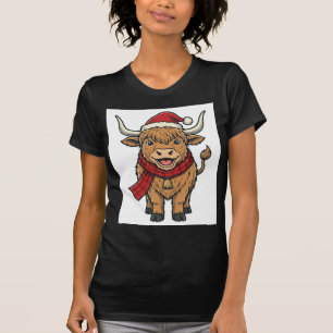 Vintage Christmas Highland Cow Santa Hat Vector_1 T-Shirt