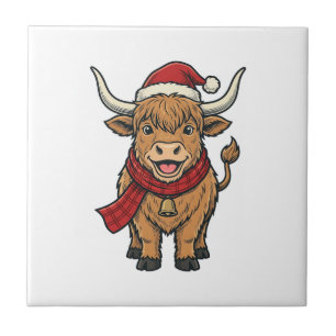 Vintage Christmas Highland Cow Santa Hat Vector_1 Tile
