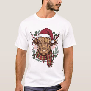 Vintage Christmas Highland Cow Santa Scarf Design T-Shirt