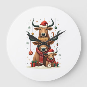 Vintage Christmas Highland Cow Trio Cute Holiday F Large Clock