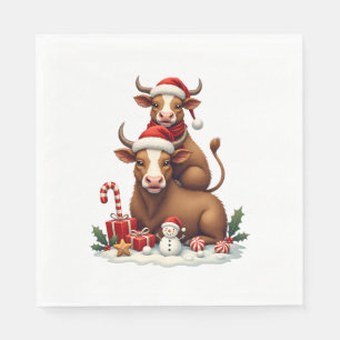 Vintage Christmas Highland Cow Trio Cute Holiday W Napkin