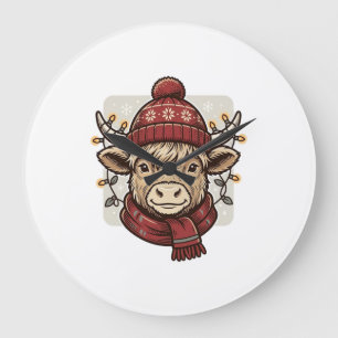 Vintage Christmas Highland Cow Vector Shirt Design Large Clock