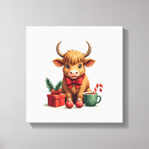 Vintage Christmas Highland Cow with Bow Gift and C Canvas Print