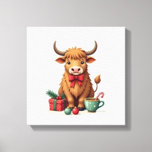 Vintage Christmas Highland Cow with Bow Gift and C Canvas Print