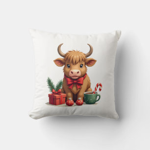Vintage Christmas Highland Cow with Bow Gift and C Cushion