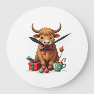 Vintage Christmas Highland Cow with Bow Gift and C Large Clock