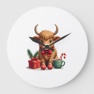 Vintage Christmas Highland Cow with Bow Gift and C Large Clock