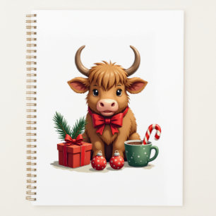 Vintage Christmas Highland Cow with Bow Gift and C Planner