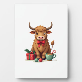 Vintage Christmas Highland Cow with Bow Gift and C Plaque
