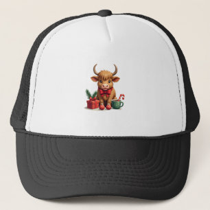 Vintage Christmas Highland Cow with Bow Gift and C Trucker Hat