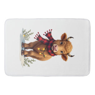Vintage Christmas Highland Cow with Buffalo Plaid Bath Mat