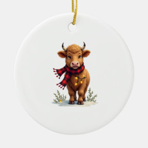 Vintage Christmas Highland Cow with Buffalo Plaid Ceramic Tree Decoration